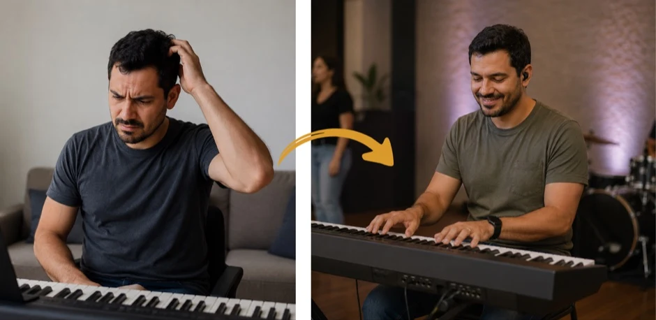 A mesma pessoa antes e depois: parada na frente do teclado sem saber por onde começar, e depois tocando com segurança