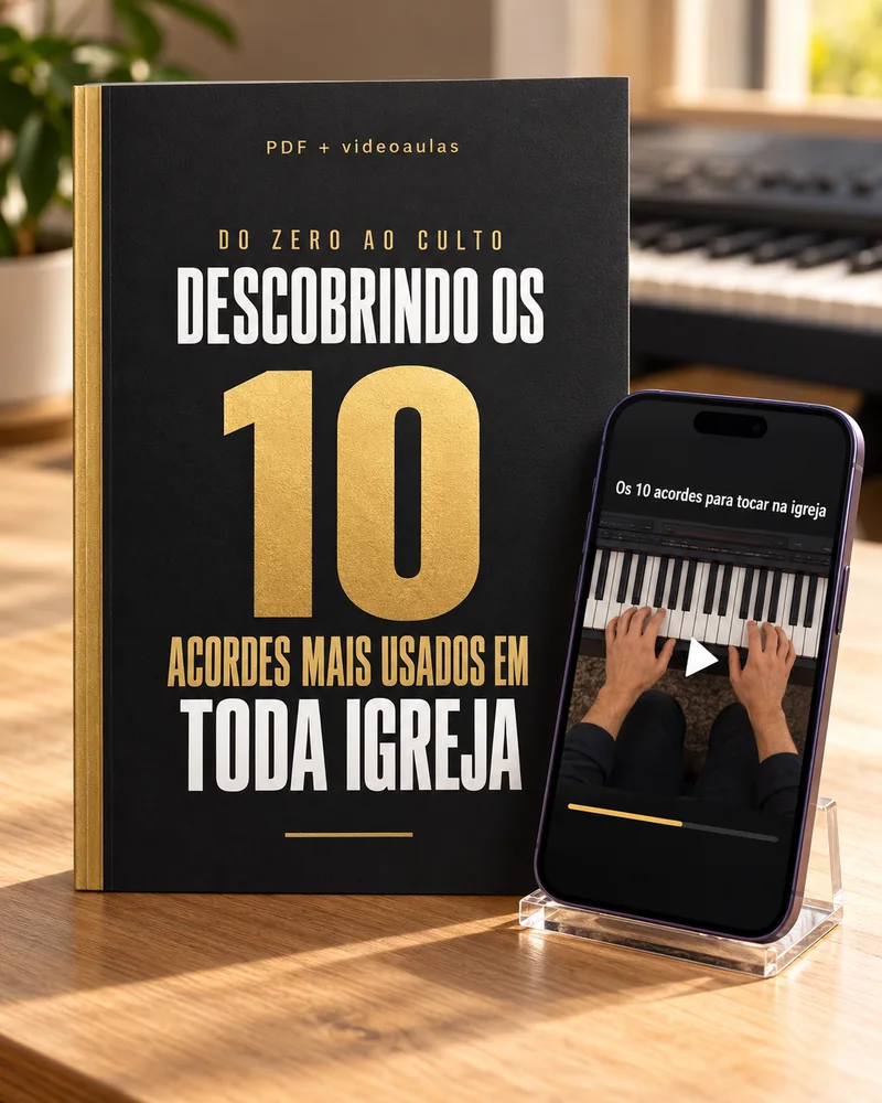 Capa do material Descobrindo os 10 acordes mais usados em toda igreja ao lado de um celular com a aula